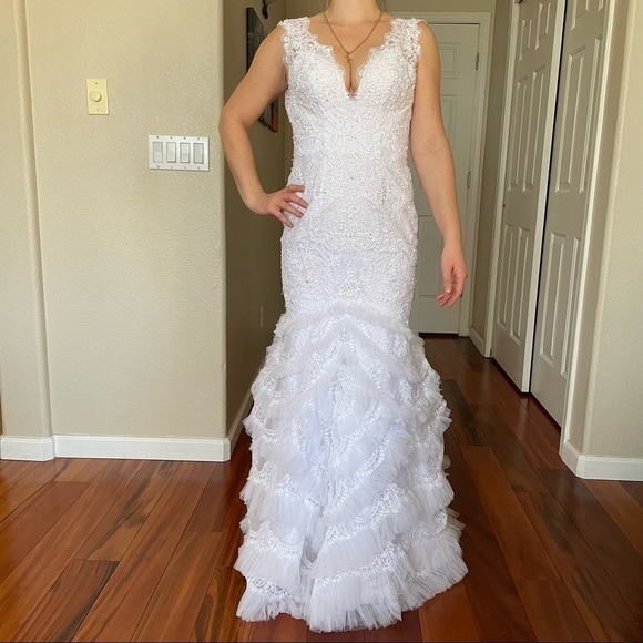 GALINA SIGNATURE Floral Ruffle Lace Beads Fit and Flare Wedding Maxi Dress Sz 0 - Picture 5 of 16